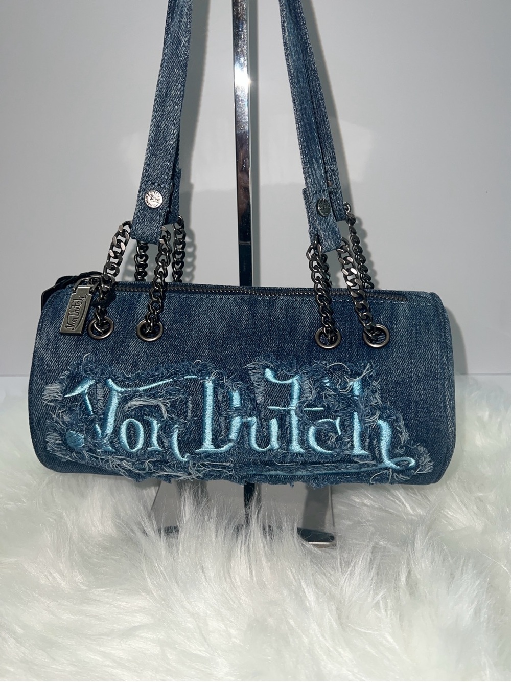 NWT Von Dutch Barrel Bag - Long Mini Barrel Blue Distressed Denim